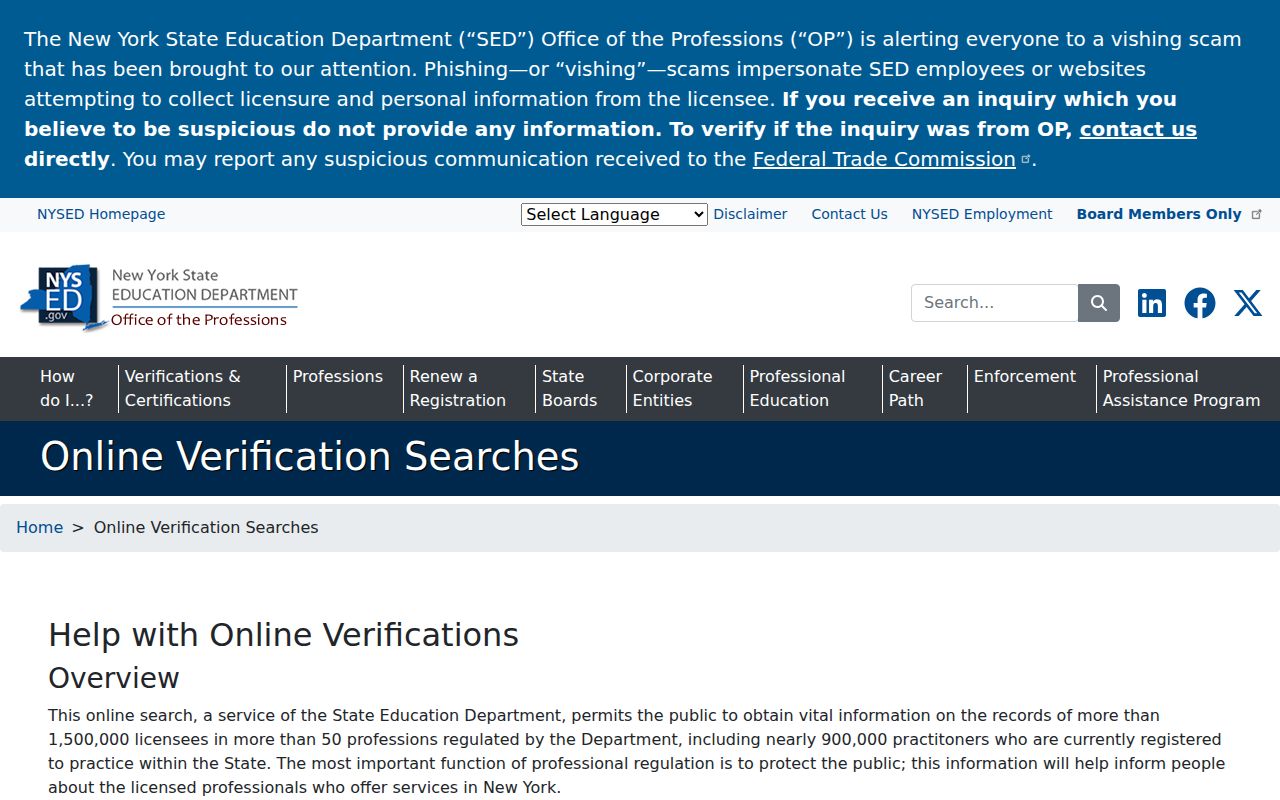 Somers resident lookup through the NYSED profession and license verification search
